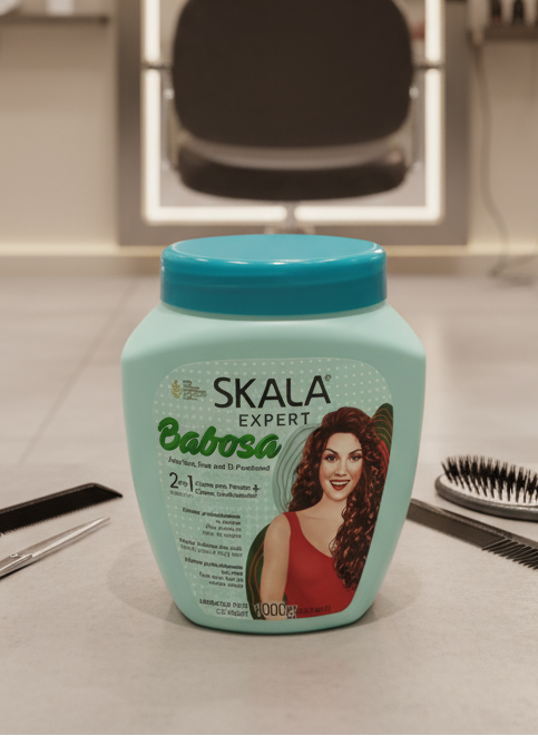 Skala Expert Babosa hair care product jar with a woman's face on the label.