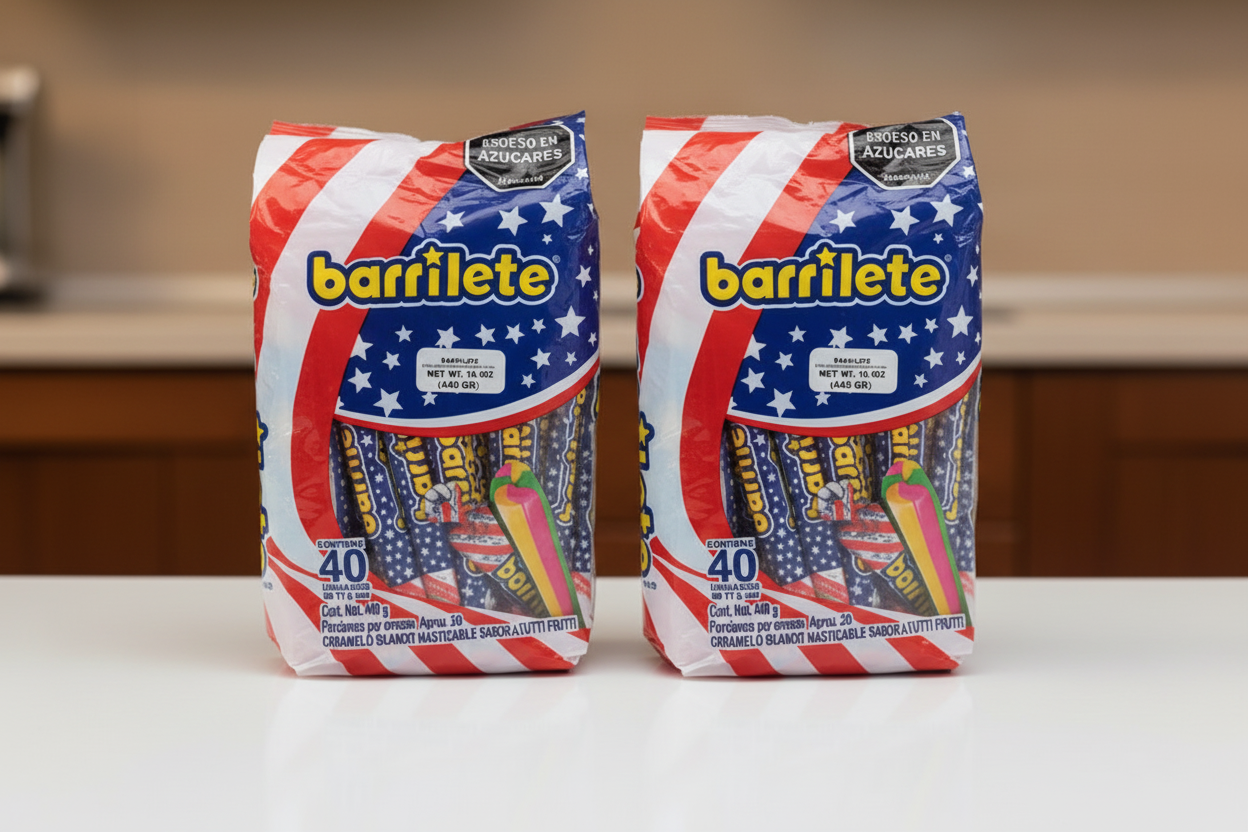 Bag of Barrilete candy with American flag design on a white background