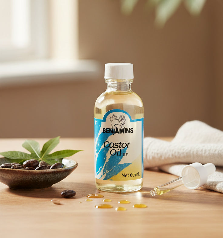 Bottle of Benhamins Castor Oil on a white background