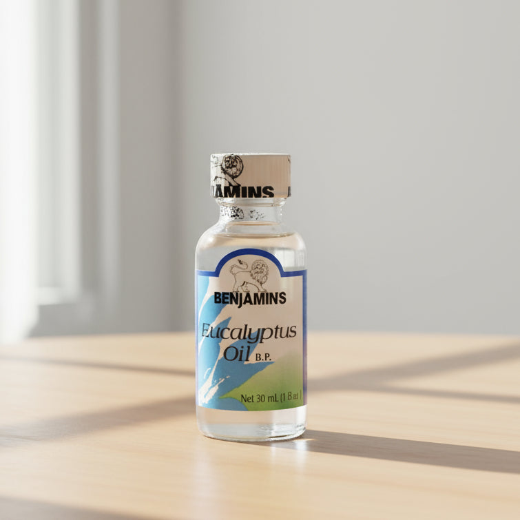 Bottle of Benjamins Eucalyptus Oil on a white background