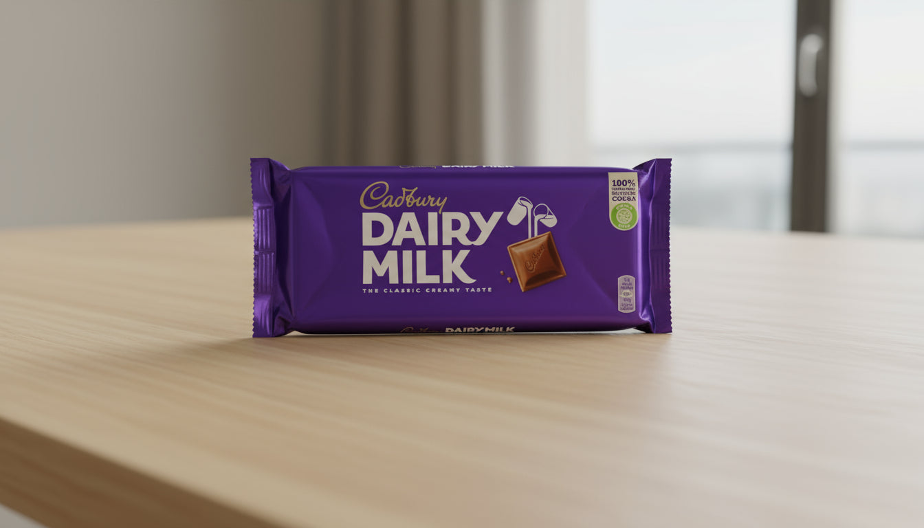 Cadbury Dairy Milk chocolate bar packaging on a black background