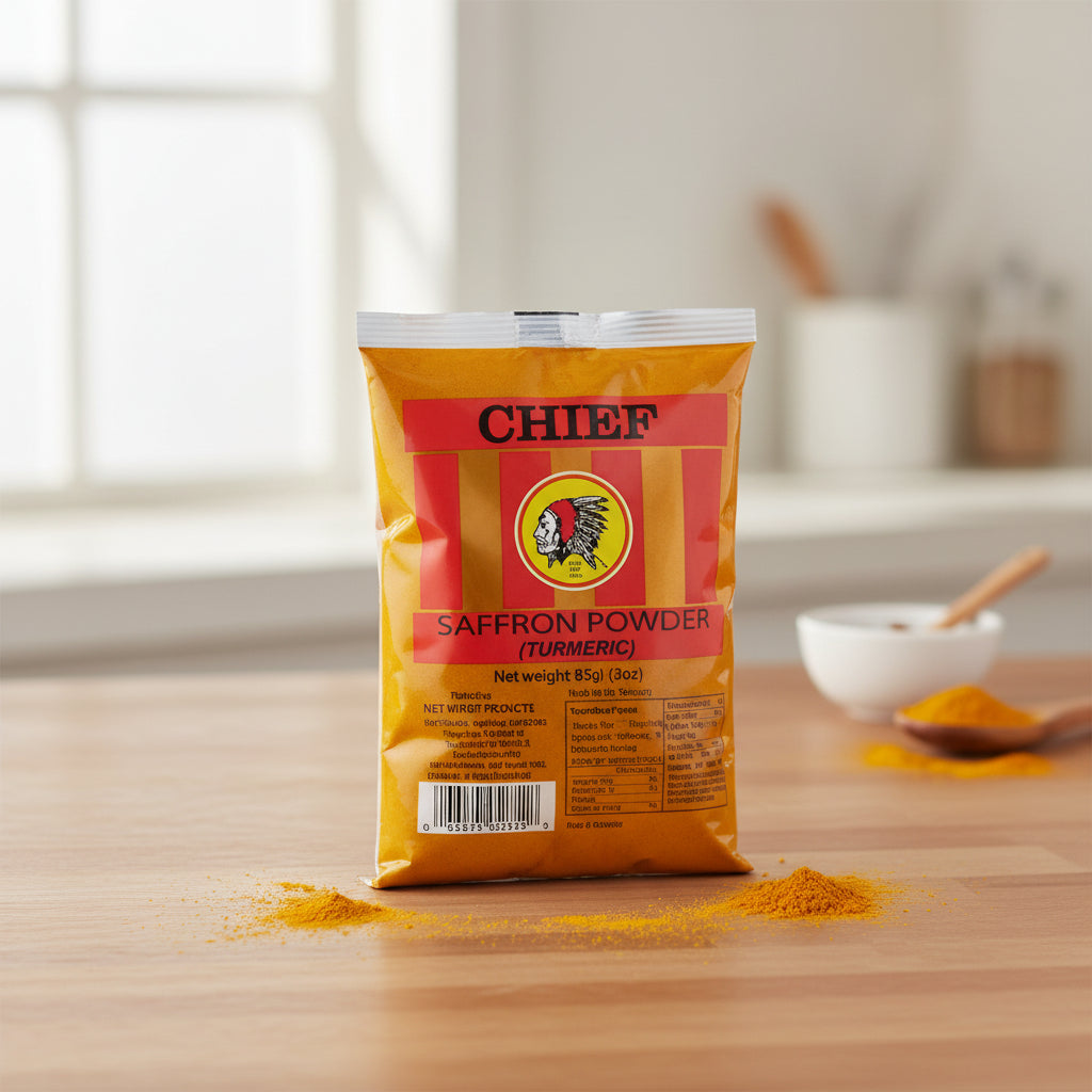 Bag of Chief Saffron Powder with red and yellow striped design