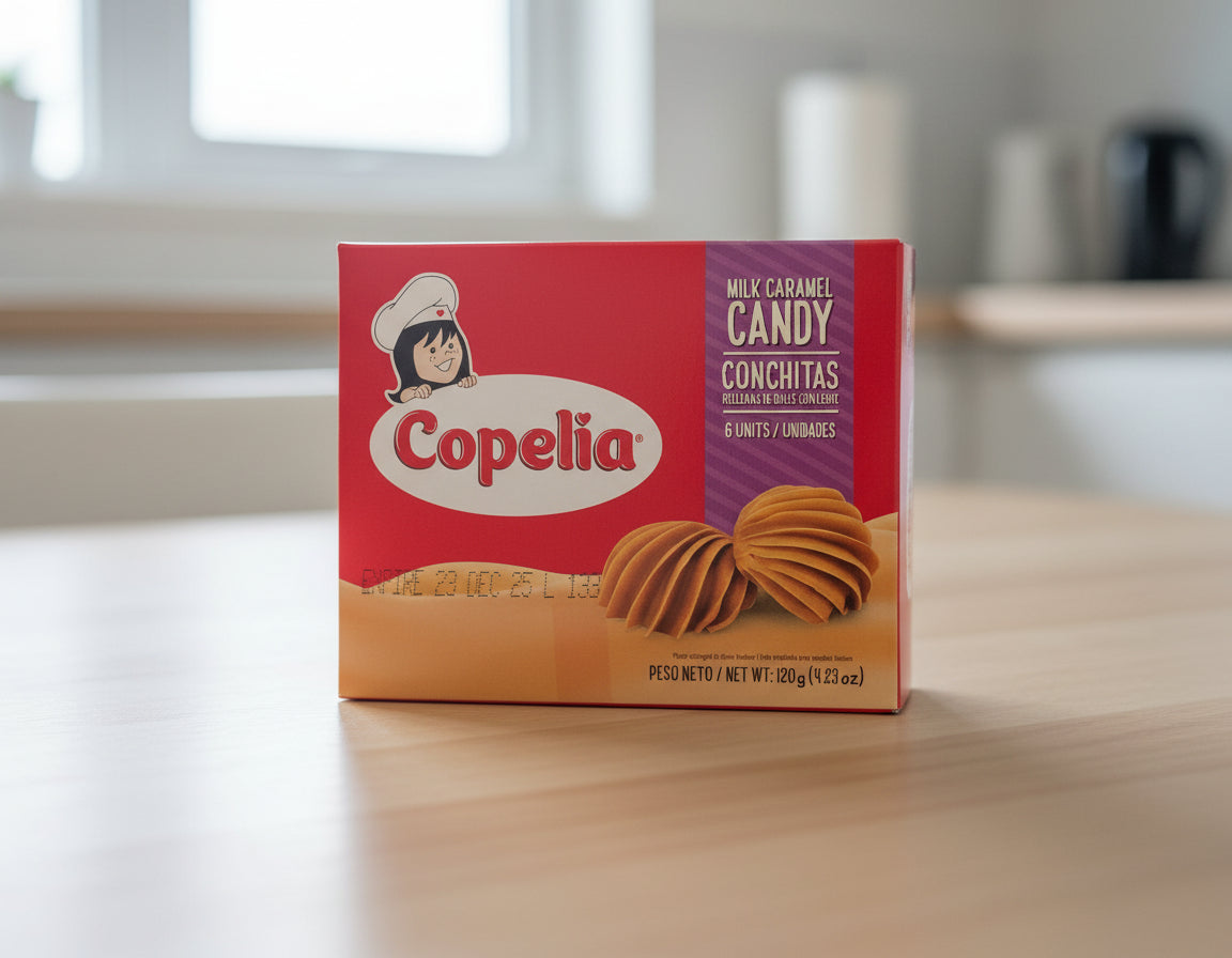 Box of Copelia milk caramel candy conchitas with a red and purple design.