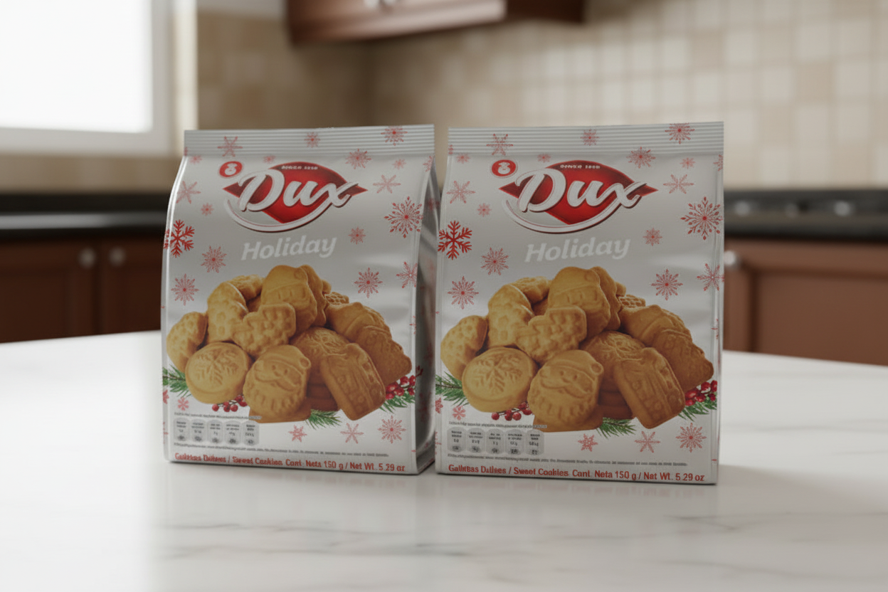 Dux Holiday cookie package on a kitchen counter