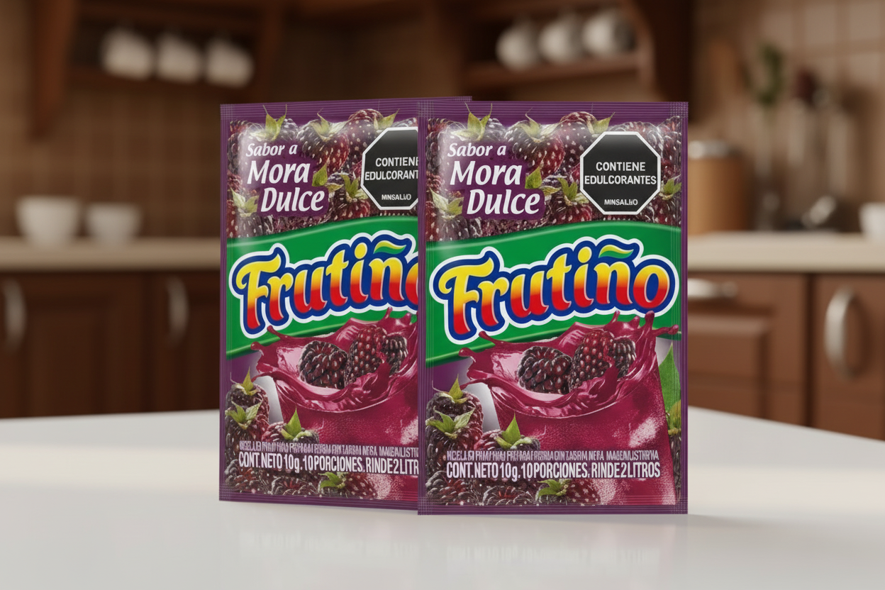Frutino Mora Dulce packaging with blackberries and colorful text on a white background