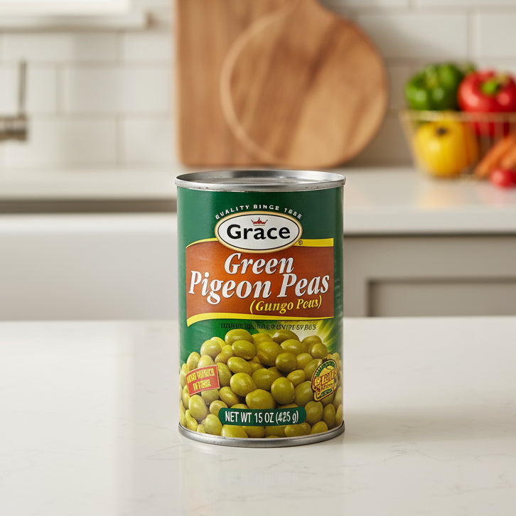 Can of Grace Green Pigeon Peas on a white background