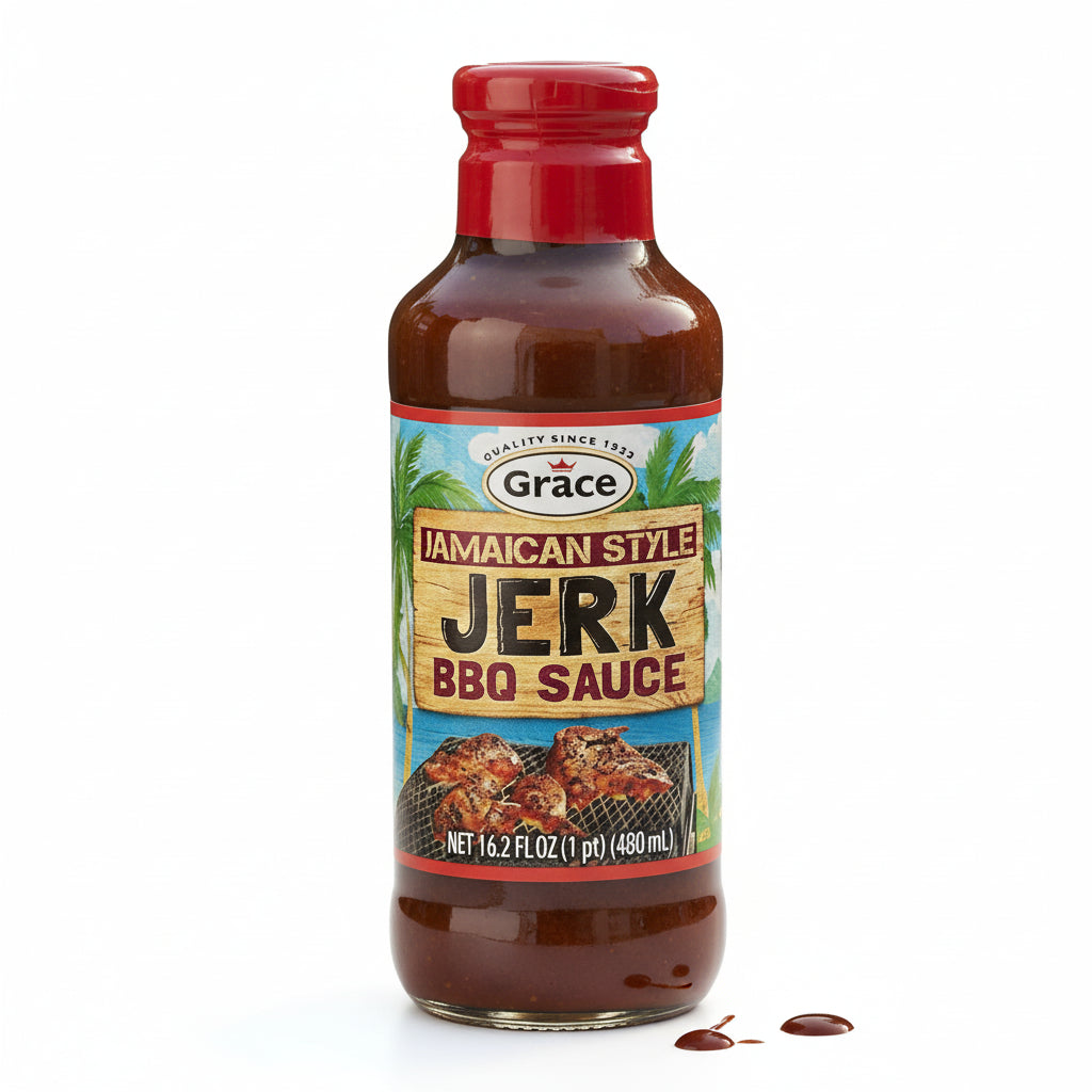Bottle of Grace Jamaican Style Jerk BBQ Sauce on a white background