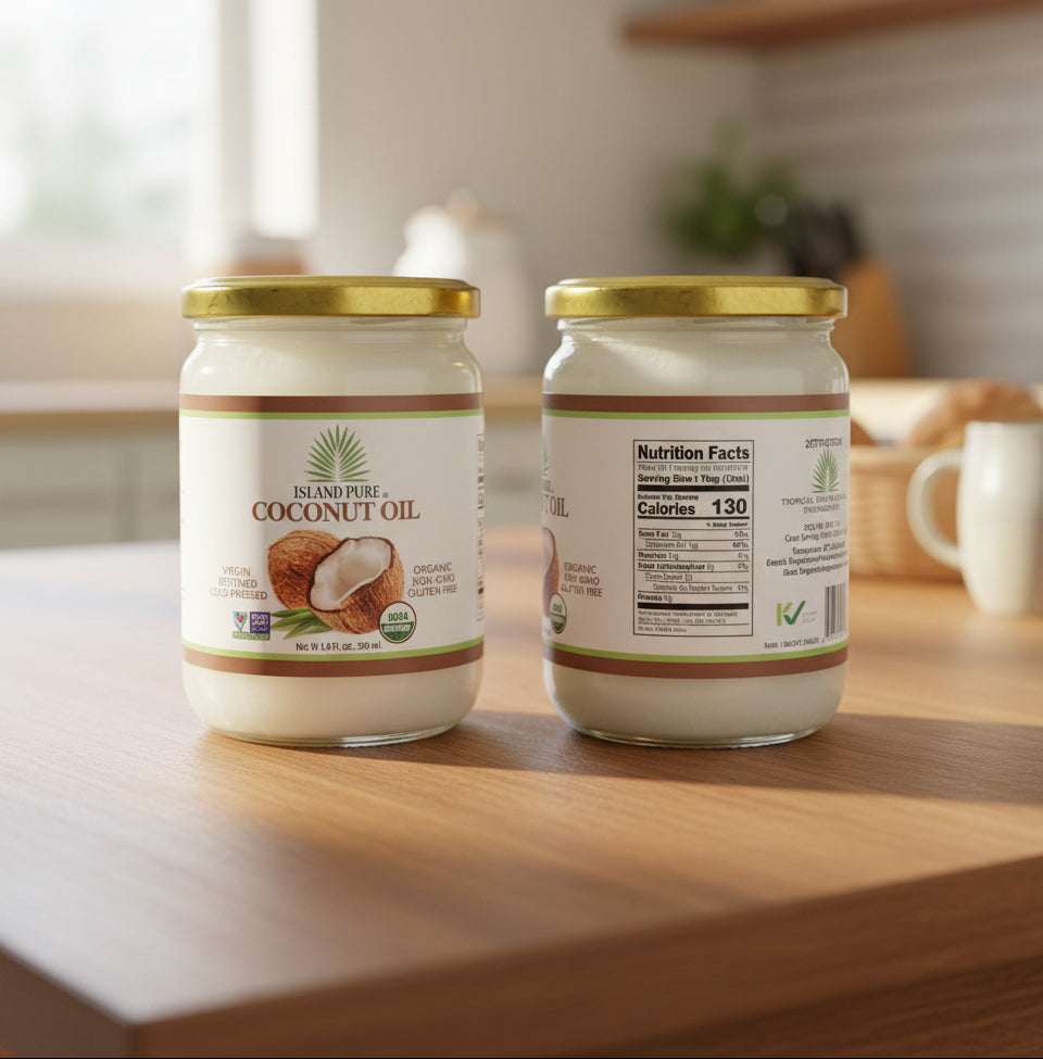 Two jars of Island Pura coconut oil on a white background