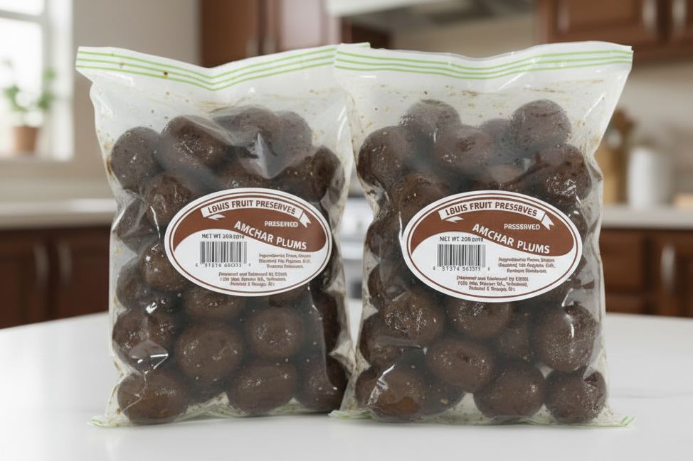 Bag of preserved amchar plums with a visible label on a white background