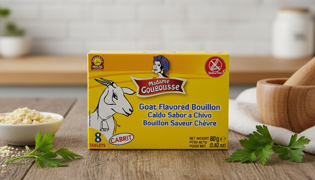Yellow box of Cabrits goat-flavored bouillon on a gray background