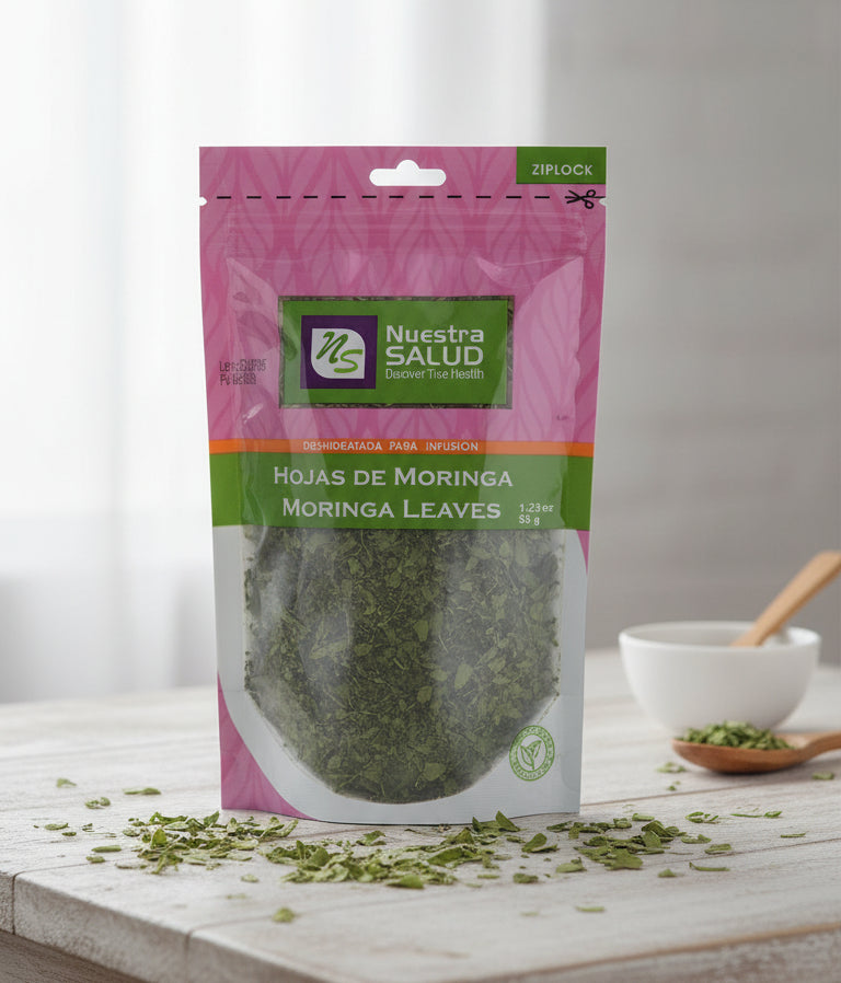 Package of Nuestra Salud Moringa Leaves on a pink background