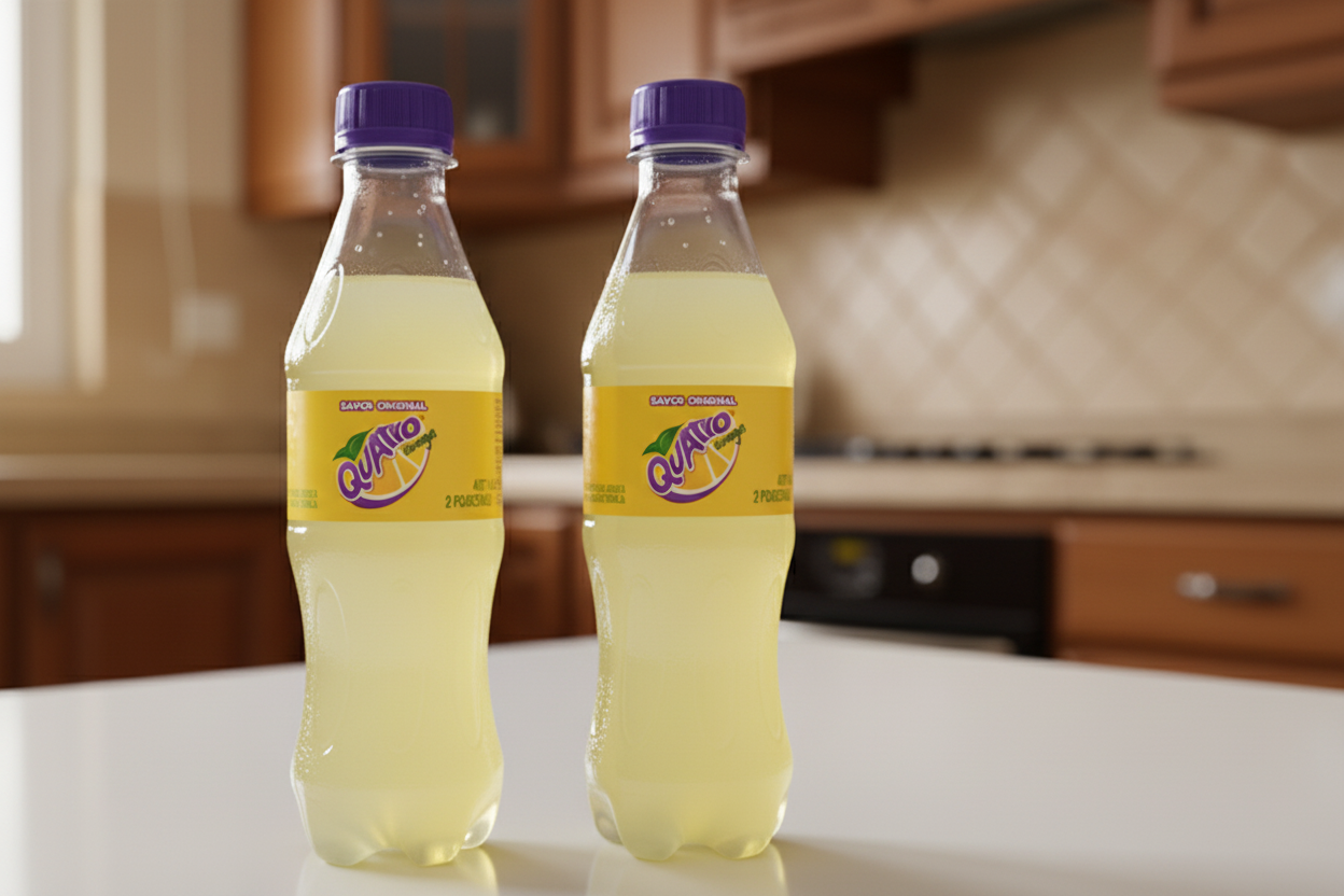 Quince bottle with purple cap on a white background