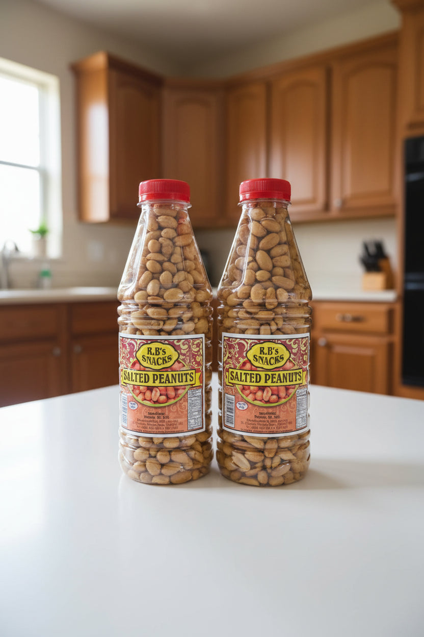 Bottles of R.B.'s Snacks Salted Peanuts on a store shelf with a price tag.