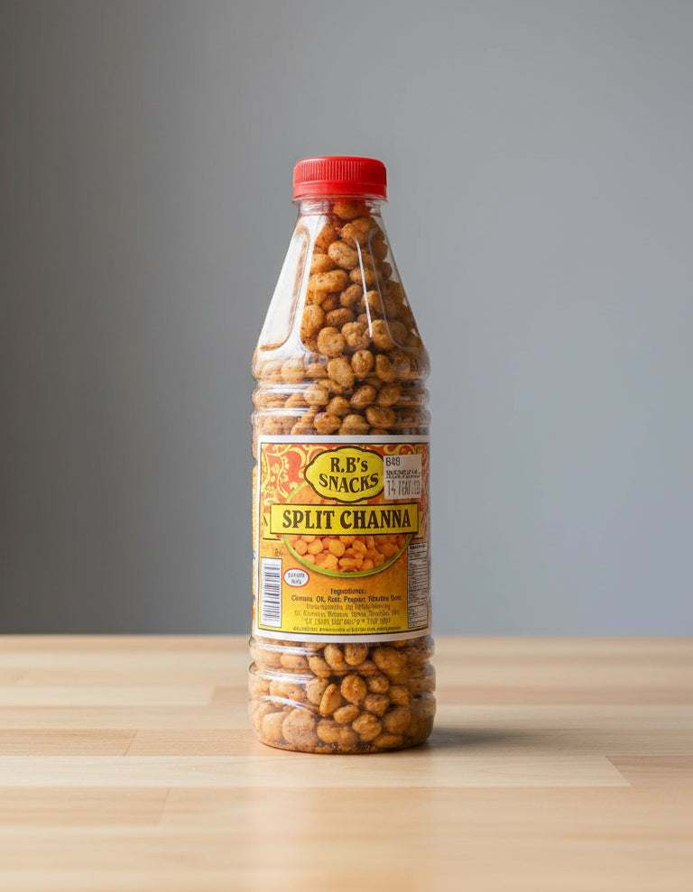 Bottle of R.R.'s Snacks Split Channa on a metal surface