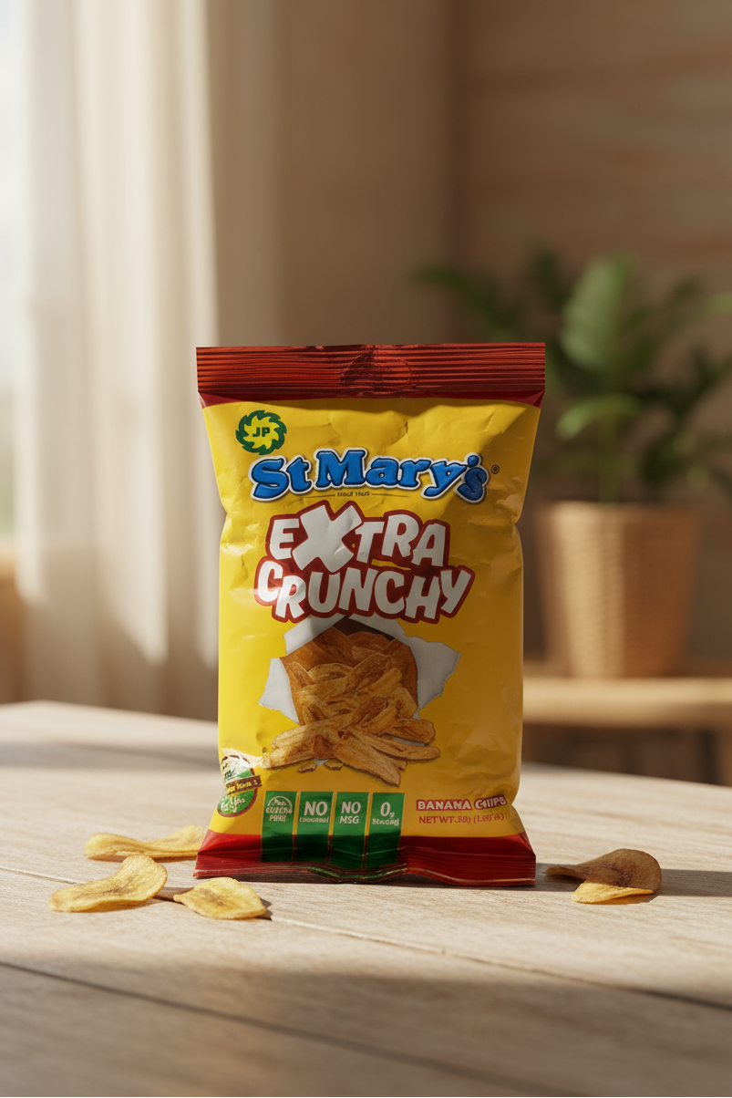 A package of St Mary's Extra Crunchy Banana Chips. The packaging is predominantly yellow with images of the banana chips visible through a clear window.