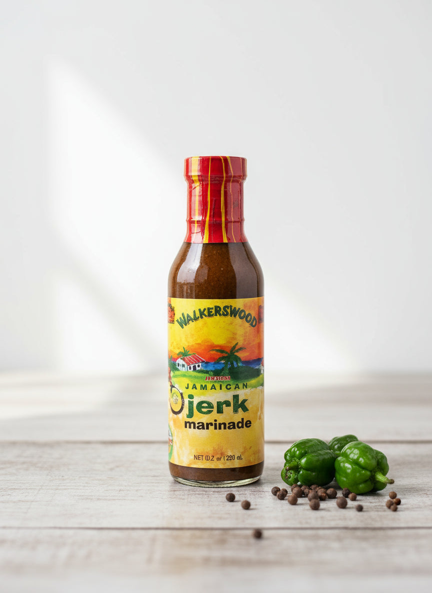 Bottle of Walkerswood Jamaican O'Jerk marinade with colorful label