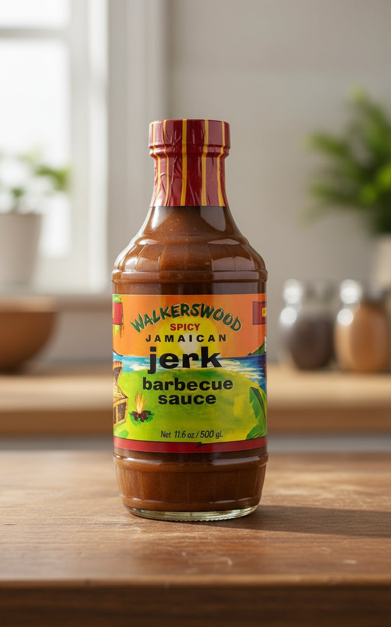 Walker'swood Spicy Jamaican Jerk barbecue sauce bottle on a white background