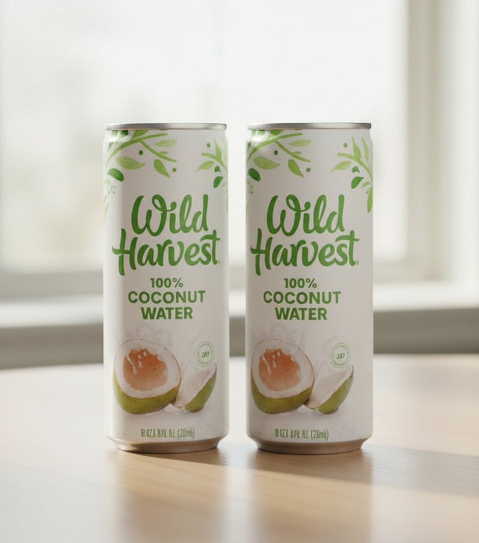 Can of Wild Harvest 100% Coconut Water on a light surface with a blurred background