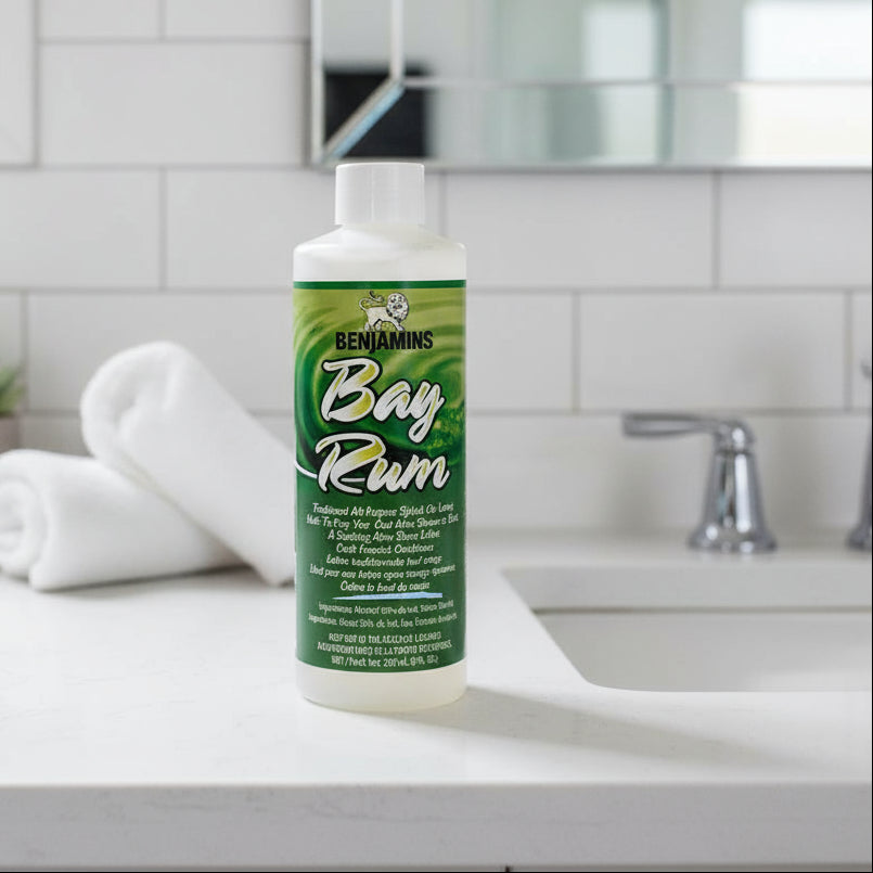 Benjamin's Bay Rum bottle on a white background