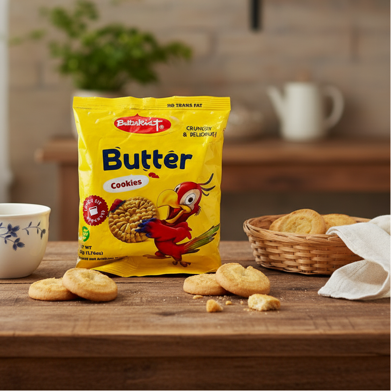 Butter cookies package with a parrot illustration on a yellow background