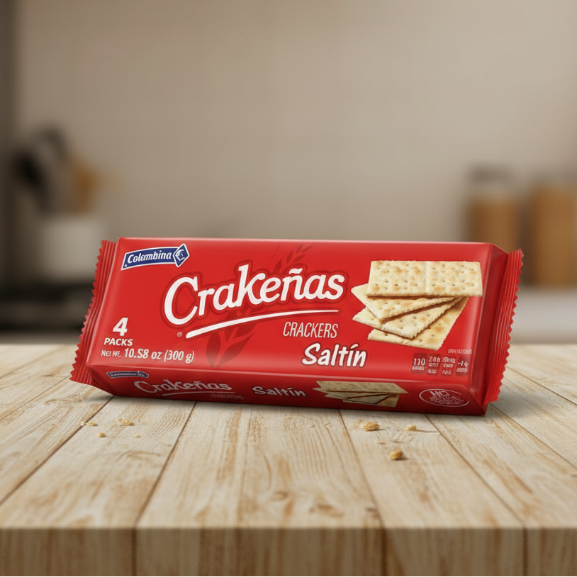 Red package of Crakenas crackers on a white background