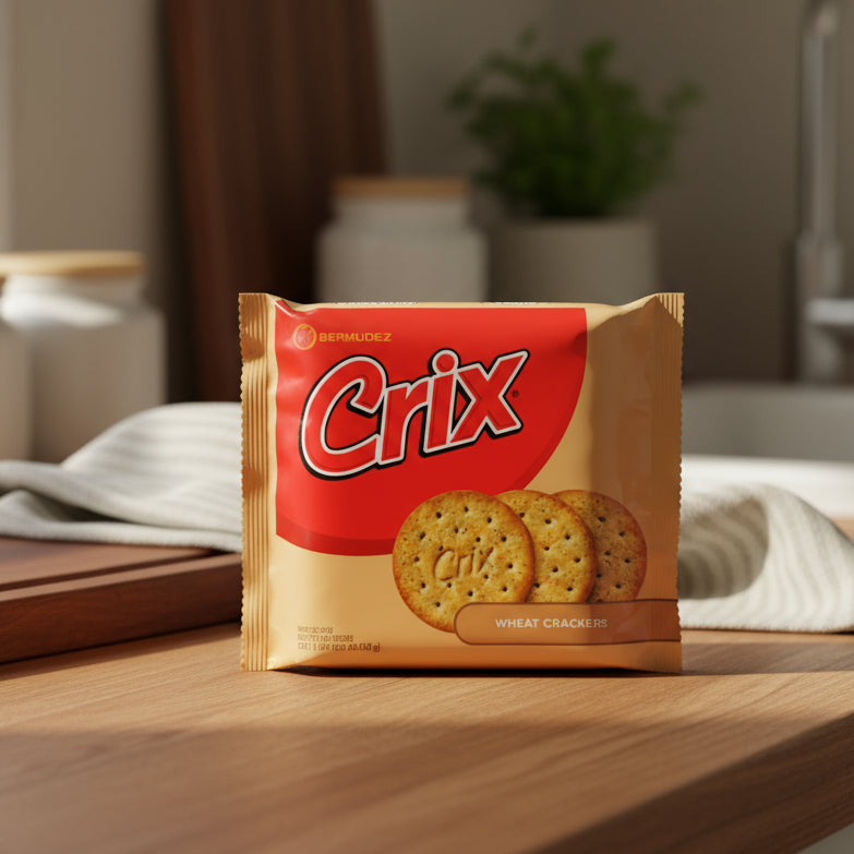 Packaging of Crix wheat crackers with a red label on a white background