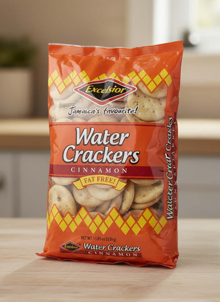 A package of Excelsior Water Crackers with cinnamon flavor, labeled as fat-free, and stating that they are made in Jamaica.