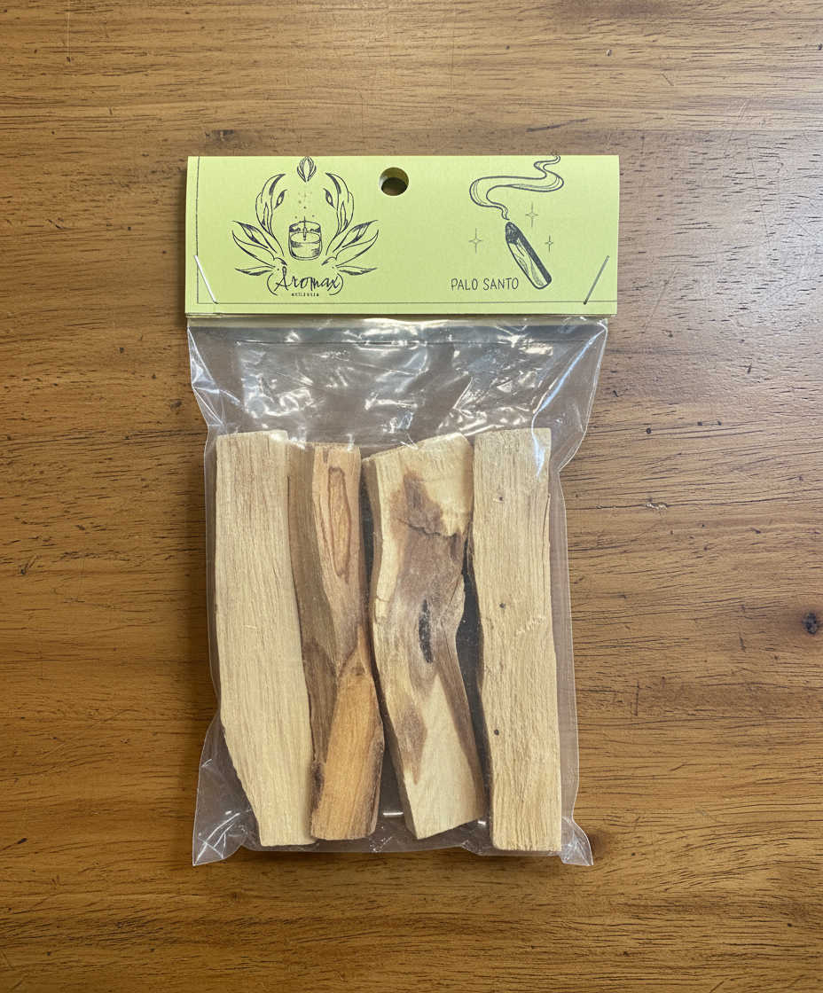 Palo Santo sticks in a clear bag with a green label on a black background