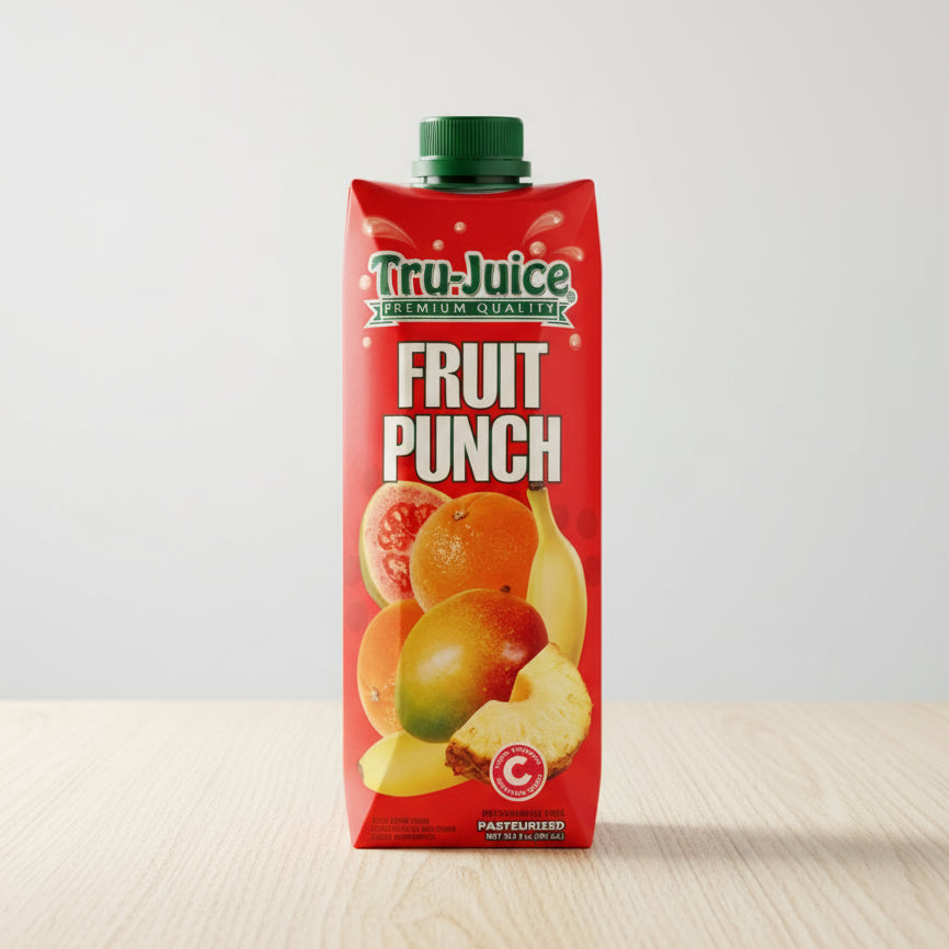 Tiru Juice Fruit Punch carton with fruits on a white background