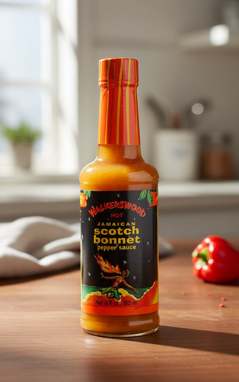 Bottle of Walkerswood Jamaican Scotch Bonnet pepper sauce on a white background