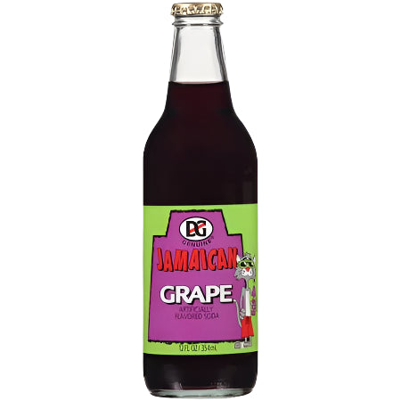 Bottle of Jamaican Grape soda with a colorful label on a white background