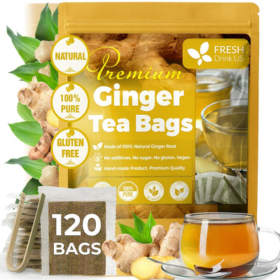 Premium Ginger Tea Bags, 100% Natural & Pure from Ginger Roots, Ginger Tea, Ginger Herbal Tea. Ginger Tea. No Sugar, No Caffeine, No Gluten, Vegan.
