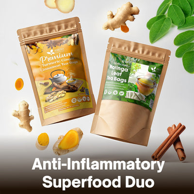 FreshDrinkUS Anti-Inflammatory Superfood Duo, Turmeric Ginger Cinnamon & Moringa Leaf Herbal Tea Bags, 100% Natural & Pure Roots and Leaves, Eco-Conscious Tea Bags, No Sugar, No Caffeine, No Gluten, Vegan – Herbal Beverage