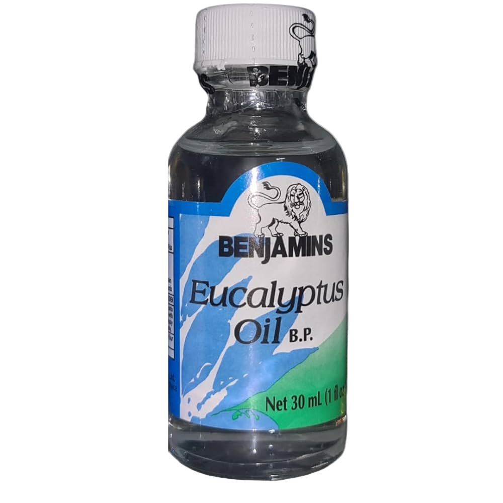 Bottle of Benjamins Eucalyptus Oil B.P. on a white background