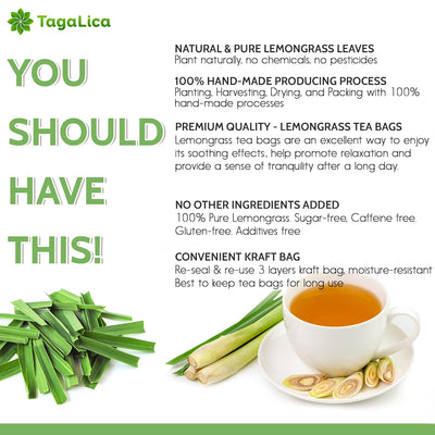 Lemongrass Tea Bags, 100% Natural & Pure Lemongrass leaves, Eco-Conscious Tea Bags, Lemongrass Herbal Tea. Lemongrass Leaf Tea. No Sugar, No Caffeine, No Gluten, Vegan.