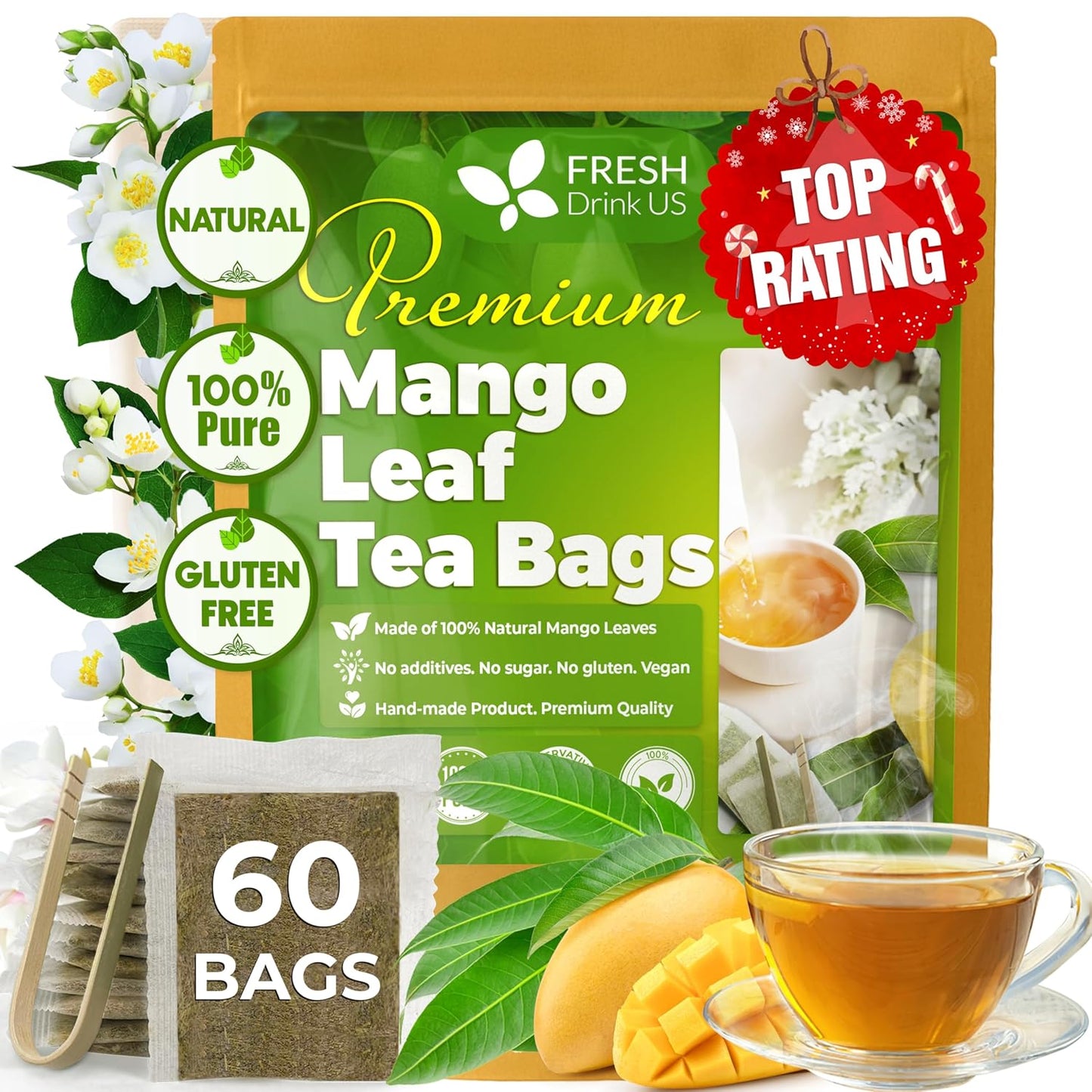 Mango Leaf, Whole Dried Leaves, Tea Bags, Powder, 100% Natural & Pure from Mango Leaves. Mango Dried Leaves. Loose Leaf Mango Herbal Tea. Mango Leaf Tea. No Sugar, No Caffeine, No Gluten, Vegan.