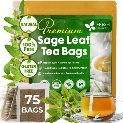 Sage Leaf Tea Bags, 100% Natural & Pure from Sage Leaves. Loose Leaf Sage Herbal Tea. Sage Leaf Tea. Made with Natural Material Tea Bags. No Sugar, No Caffeine, No Gluten, Vegan.