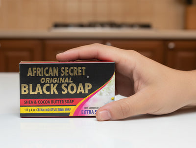 Hand holding a box of African Secret Black Soap in an office setting.