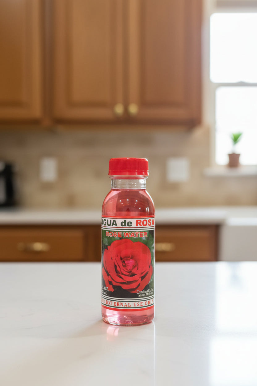 Bottles of 'Aqua de Rosa' on a shelf with a price tag.