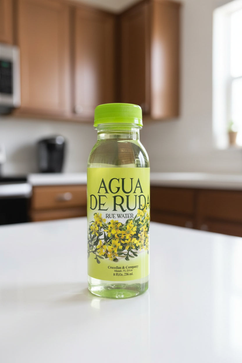 Two bottles of Agua de Ruda Rue Water on a shelf with other products.