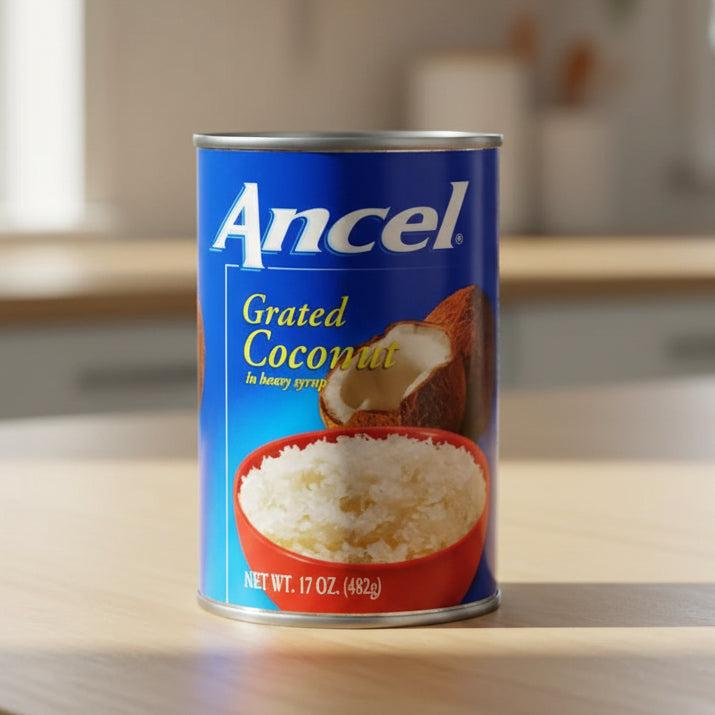 Can of Ancel grated coconut on a white background