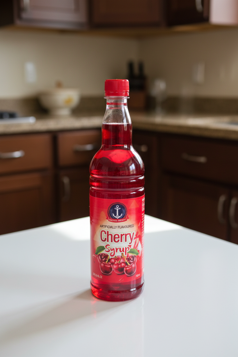 Bottle of cherry syrup with a red cap on a white background, featuring the brand 'Quince'.