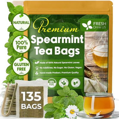 Spearmint Tea Bags, 100% Natural & Pure Spearmint Leaves. Loose Leaf Spearmint Herbal Tea. Spearmint Leaf Tea. No Sugar, No Caffeine, No Gluten, Vegan.