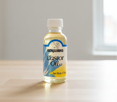 Bottle of Benjamins Castor Oil on a white background