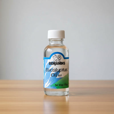 Bottle of Benjamins Eucalyptus Oil B.P. on a white background