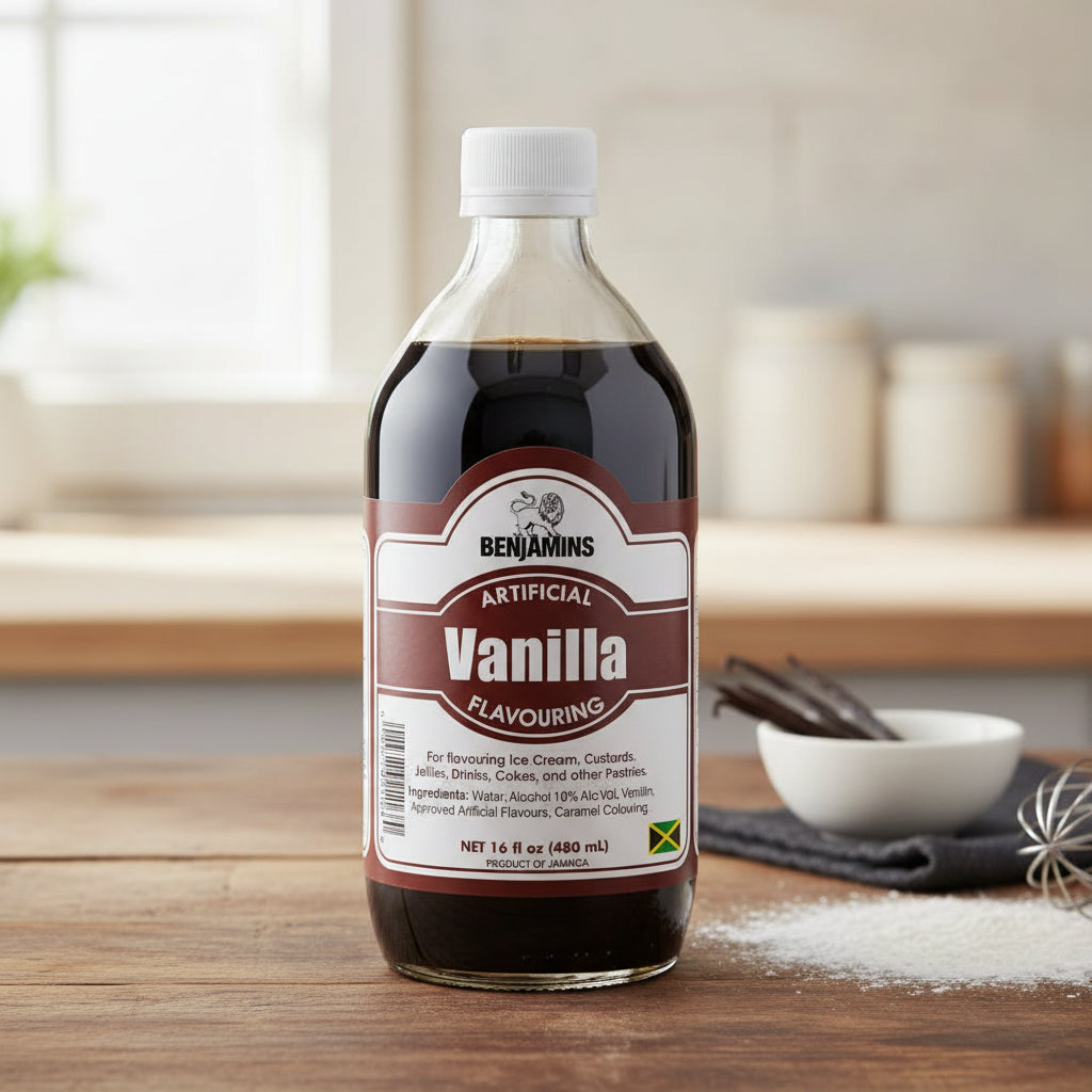 Bottle of Benjamins artificial vanilla flavouring on a white background