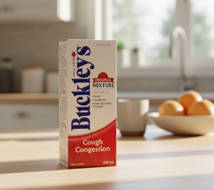 Buckley's Original Cough Syrup Mix, 100 mL packaging, with branding and product information.