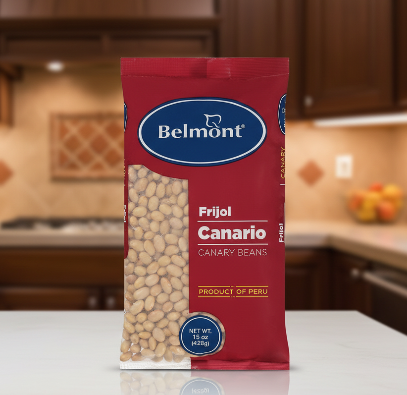 Packaging of Belmont Canary Beans with red background and visible beans.
