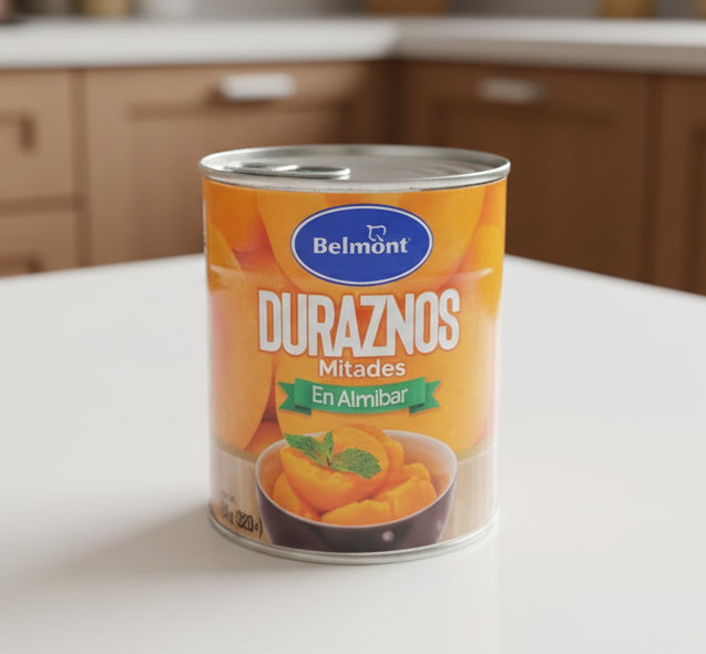 Can of Belmont Duraznos (peach halves) on a kitchen counter