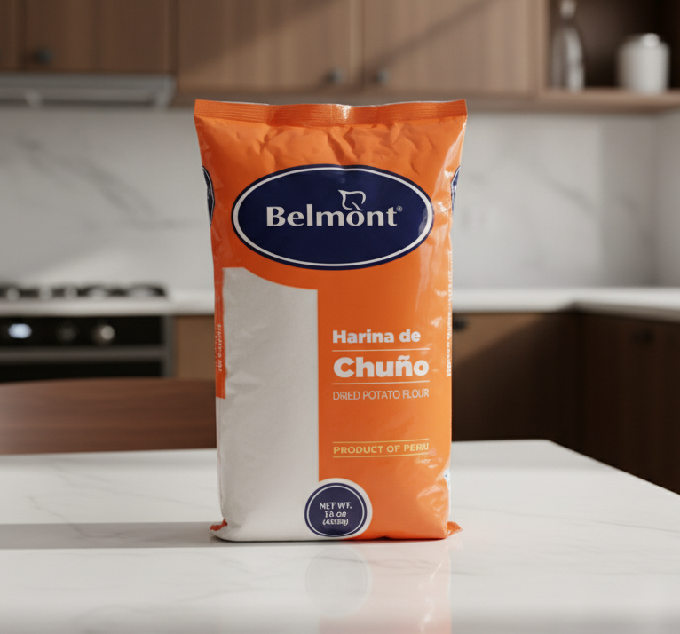 Bag of Belmont Harina de Chuño dried potato flour on a white background